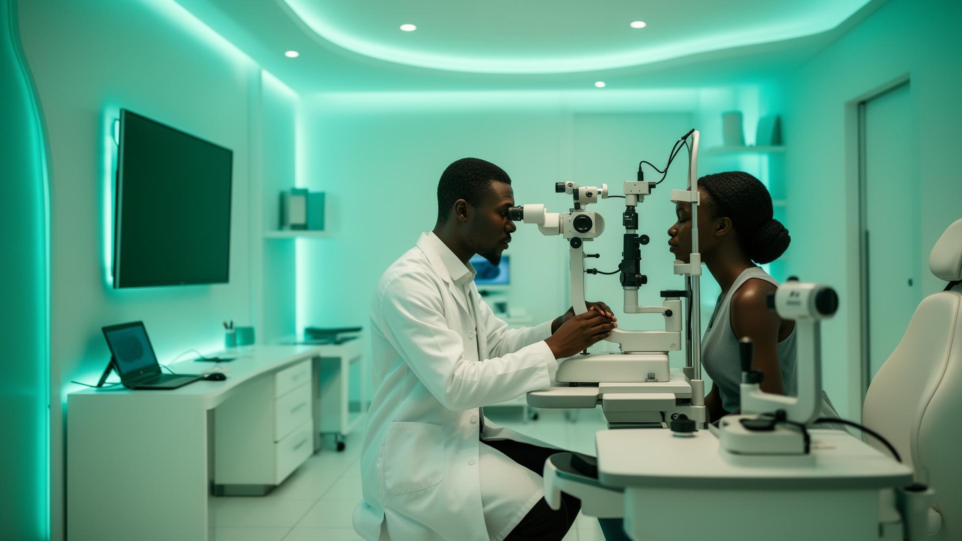Modern eye clinic with ophthalmologist examining a patient at Greenfield Eyecare Centre in Kumasi